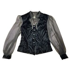 David Rose Velvet Blouse Sheer Sleeves Black‎ Embroidered Victorian Cosplay Goth
